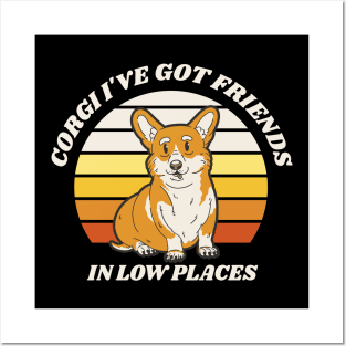 corgi dog on a retro sunset background and the quote "Corgi I've got friends in low places". Posters and Art